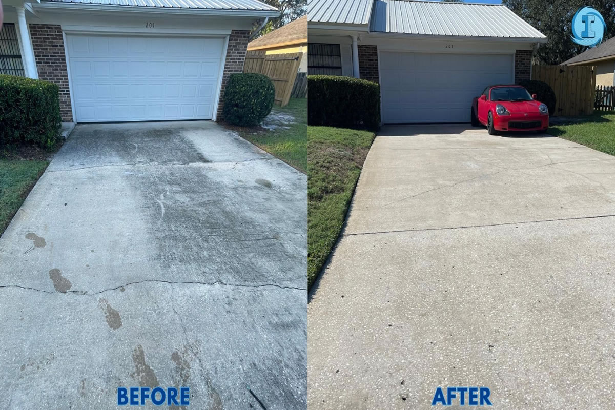 Driveway before and after photos with soft wash cleaning from Immaculate SoftWash