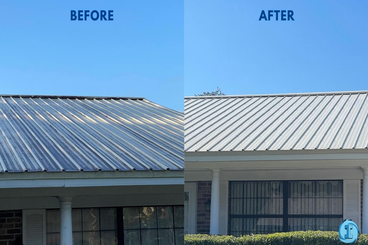 Metal roof before and after photos with soft wash cleaning from Immaculate SoftWash