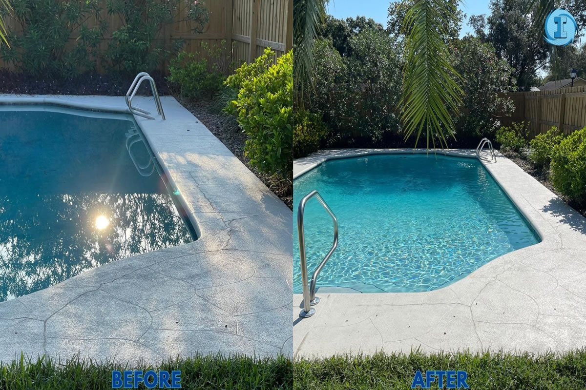 Pool lanai before and after photos with soft wash cleaning from Immaculate SoftWash