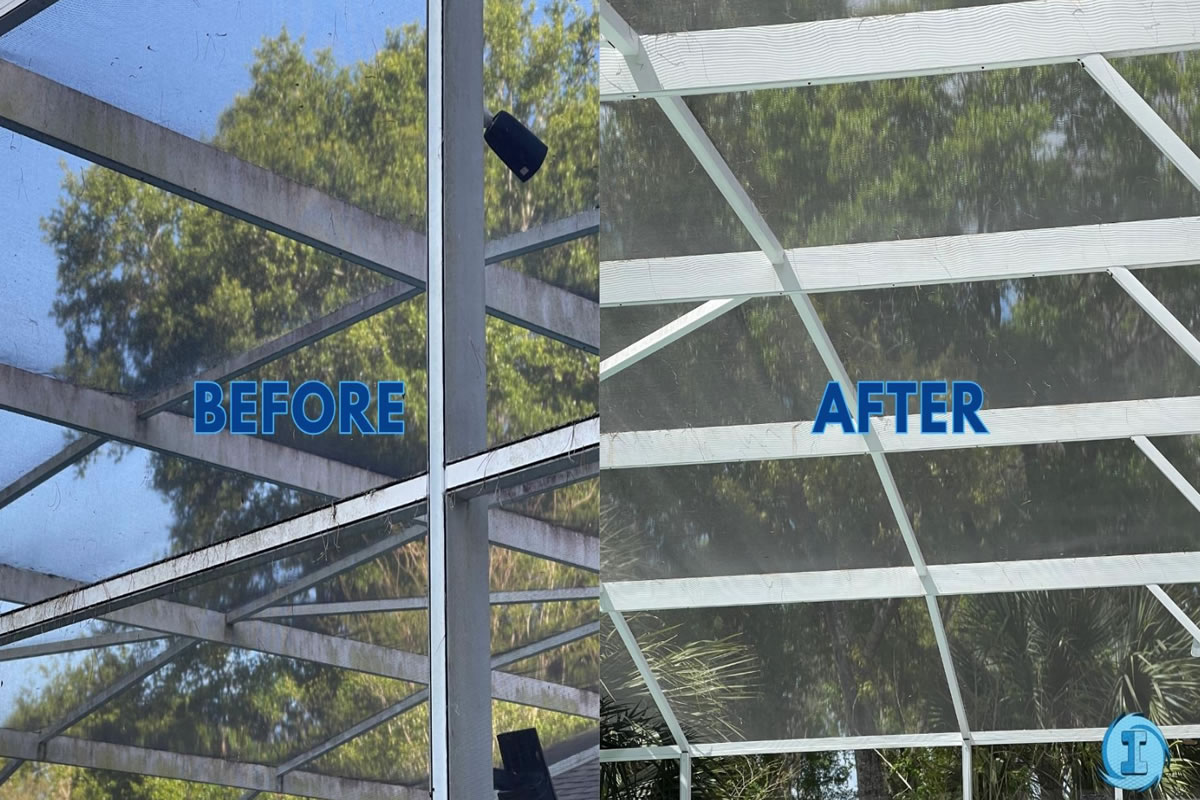 Pool screen before and after photos with soft wash cleaning from Immaculate SoftWash