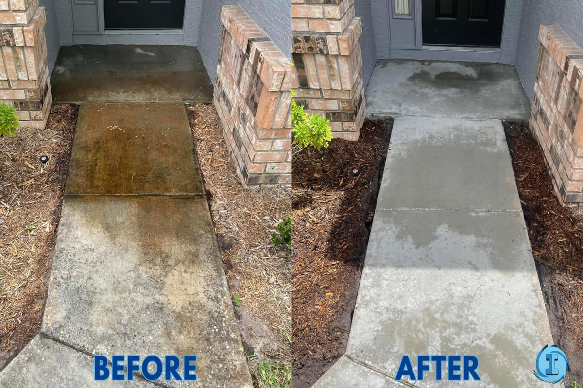 Sidewalk before and after photos with soft wash cleaning from Immaculate SoftWash